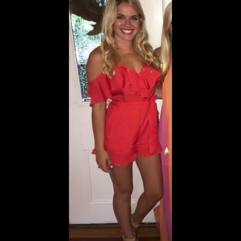 Red Cold- Shoulder Ruffle Romper - Picture 8 of 8